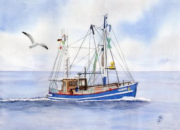 Poster DIN-A3 Aquarell Maritim Kunst Druck Kunstdruck Nordsee Cuxhaven Fischerboot Kutter Fischkutter blau Meer Boot Möwen